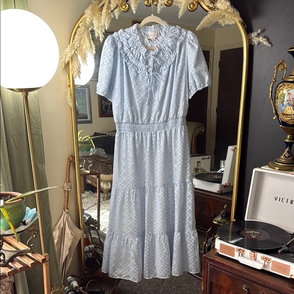 Adelyn Rae Light Blue Ruffled Dress Romantic Feminine Flowy Midi Dress